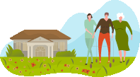 Design graphic of LTC resident with caretaker and family next to building