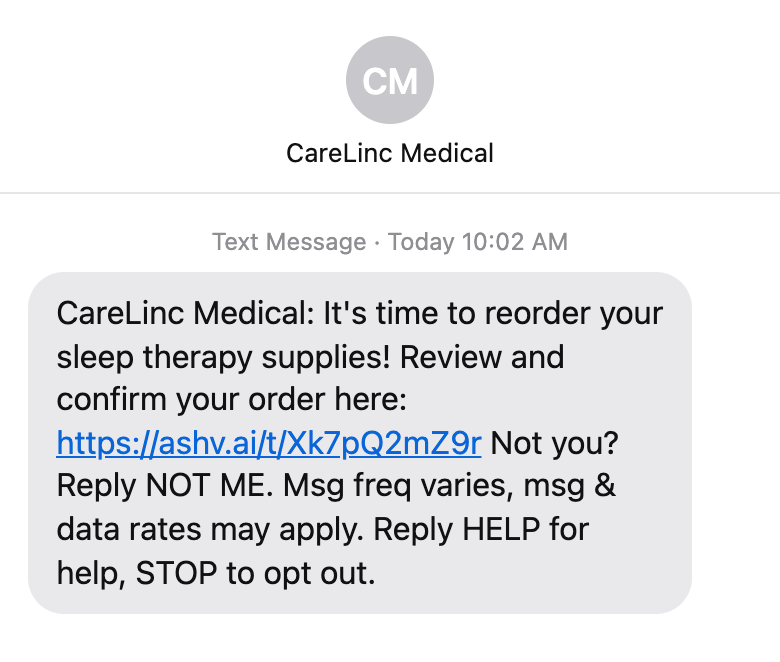 CareLinc text reminder with a link to review and confirm a supply reorder.