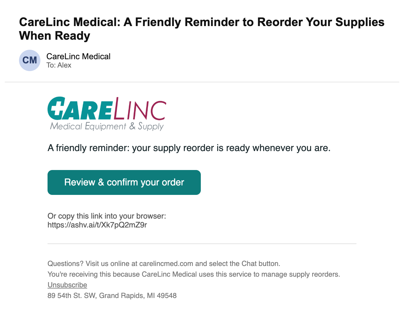 CareLinc follow-up email reminding you to reorder supplies when ready.