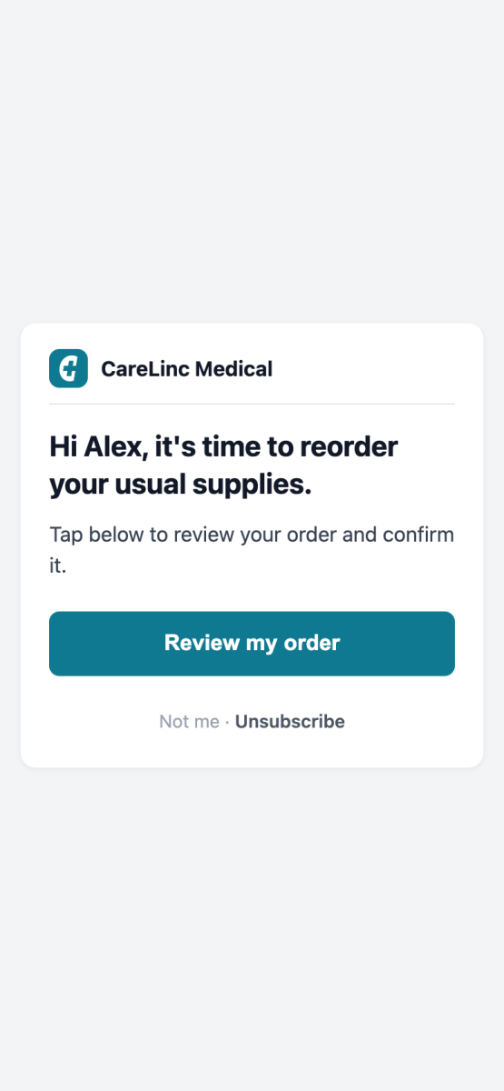 CareLinc welcome screen with a Review my order button.