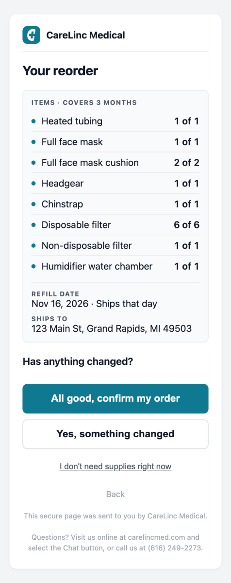 Order review screen listing supplies, shipping address, insurance, and confirmation options.
