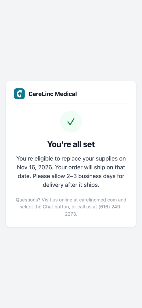 Confirmation screen displaying You’re all set.