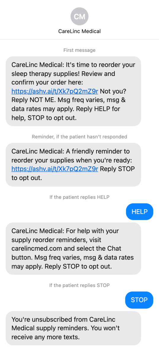 Examples of HELP and STOP replies to CareLinc supply reminder texts.